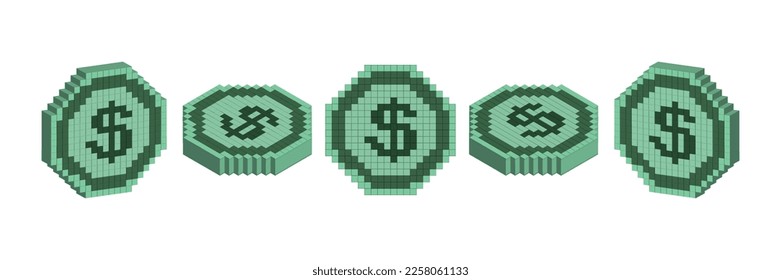 Vector set of 3d square tokens made of pixels. Volumetric green angular digital dollar coins in different projections on a white isolated background.