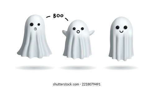 Vector set of 3d style cute funny ghosts isolated on white background