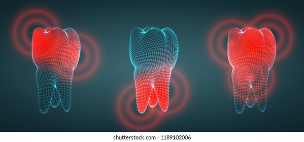 vector set of 3d teeth on a dark background. toothache.