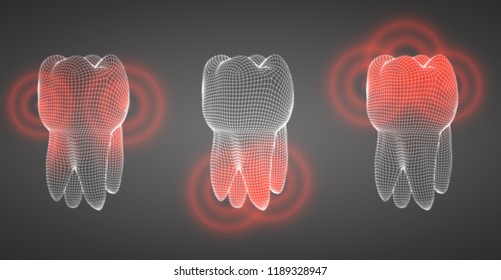 vector set of 3d teeth on a dark background. toothache.