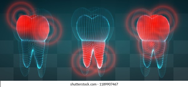 vector set of 3d teeth on a dark background. toothache.