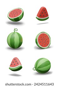 Vector set of 3D watermelons. Ripe sweet natural snack. Juicy summer dessert