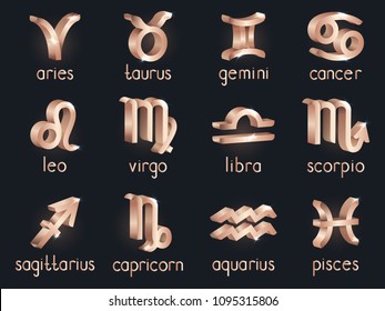 Vector set of 3d  zodiac signs. Gold horoscope symbols collection: aries, taurus, gemini, cancer, leo, virgo, libra, scorpio, sagitarius, capricorn, aquarius, pisces. 