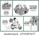 Vector set of 4 banners about food delivery. Collection of brochures for a grocery store. Delivery person with bags, boxes, and baskets of fresh vegetables