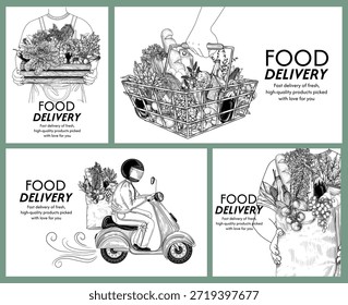Vector conjunto de 4 Anuncios sobre la entrega de alimentos. Colección de folletos para una tienda de comestibles. Persona de entrega con bolsas, cajas y cestas de verduras frescas