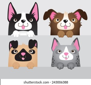 A vector set of 4 cartoon dogs leaning over a wall. 