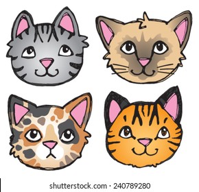 A vector set of 4 cat's faces drawn in a scratchy style. 