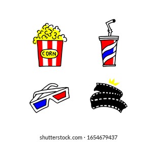 Vector set of 4 cinema icons cartoon funny style for t-shirt print, badge, logo, flyer, site