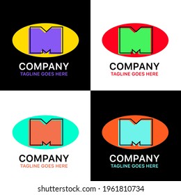 Vector set of 4 colorful logotypes with letter M and black outline in oval. Modern design for different companies.