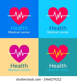 Vector set of 4 colorful logotypes with heart and heartbeat for different medical companies.