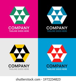 Vector set of 4 colorful logotypes with abstract triangle shapes for different creative companies.
