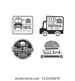 Vector set of 4 creative emblems for food truck festival. Street eating. Monochrome logos with vans, burgers and lettering