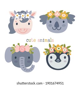 Vector set of 4 cute animals: horse, koala, elephant, penguin. Childish illustration with smiling cartoon characters in flower crowns. Animal portraits. Isolated on white. Kids prints.