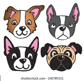 A vector set of 4 dog's faces drawn in a scratchy style, including pug and boston terrier. 