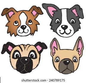 A vector set of 4 dog's faces drawn in a scratchy style, including pug and french bulldog. 