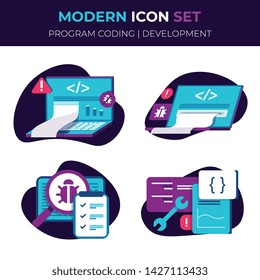 Vector set of 4 flat illustration icons, program coding and development and accounting management theme, with futuristic blue and purple colors