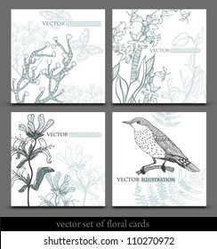 vector set of 4 floral cards with hand-drawn plants and a forest bird