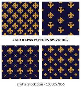 Vector set of 4 fluer de lis seamless repeat pattern swatches in dark blue and yellow colors. Textile design.