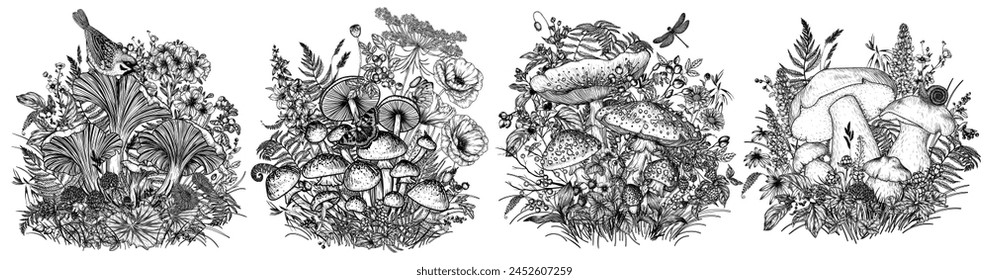 Vector set of 4 forest bushes with mushrooms. Fly agaric, porcini mushroom, chanterelles, honey mushrooms, forest plants, flowers, berries, sparrow, dragonfly, snail, butterflies