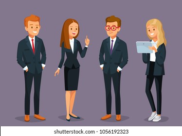 Vector set of 4 four businessman office workers young business people standing with hands in pockets isolated illustration. Businesswoman got idea. 