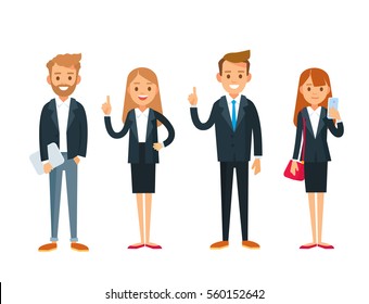 Vector set of 4 four businessman office workers young business people standing with gadgets. Businessman got idea raising index finger in eureka gesture index finger up