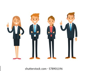 Vector set of 4 four businessman office workers young business people standing with crossed arms, crossed, folded hands.Businessman got idea raising index finger in eureka gesture index finger up