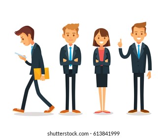 Vector set of 4 four businessman office workers young business people standing with crossed arms, crossed, folded hands standing up straight in various poses,isolated illustration.Businessman got idea