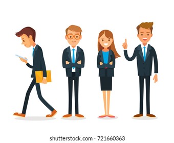 Vector set of 4 four businessman office workers young business people standing with crossed arms, crossed, folded hands standing up straight in various poses,isolated illustration.Businessman got idea