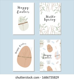 Vector set of 4 gentle Easter cards. Cute easter eggs with feathers, branch and leaves. Eco decoration. Perfect for textile, poster, print, card, invitation, greeting, tag