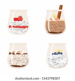 Vector set of 4 glass cups chia seed puddings. Strawberry pudding, hazelnut, chocolate, and blueberry with banana. Isolated elements on white background.