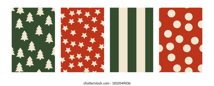 Vector set of 4 green and red cards: christmas trees, stars, stripes, polka dots. Perfect for xmas and new 2021 year invitation, greeting cards, textile, wrapping paper, stationery