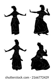 Vector Set 4 Hand Draw Sketch and silhouette of Young Girl Traditional West Java, Sunda  Indonesia 
