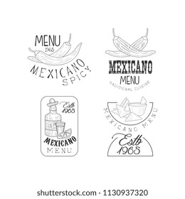 Vector set of 4 hand drawn logos for Mexican restaurant. Monochrome emblems with chili peppers, nachos and tequila bottle