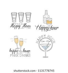 Vector set of 4 hand drawn emblems for cocktail bar or restaurant. Original logo templates with different drinks. Alcoholic beverages