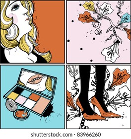 vector set of 4 hand drawn cards with a pretty  girl, flowers,cosmetics and legs in bright shoes and black tights