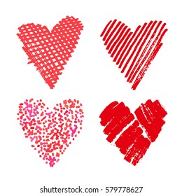 a vector set of 4 hand-drawn isolated hearts in a scribble, doodle, rust or chalk style