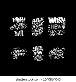 Vector set of 4 hand-drawn lettering phrases Happy New Year for design postcards and posters