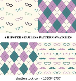 Vector set of 4 hipster seamless repeat pattern swatches. Digital paper with glasses, mustache and argyle patterns in violet and green colors. Hipster background.