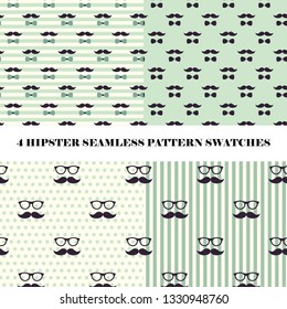 Vector set of 4 hipster seamless repeat pattern swatches. Digital paper with glasses, mustache and bow ties in brown and green colors. Hipster background.