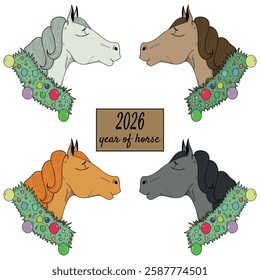 Vector set of 4 horse stickers. The muzzle of a horse. A jolly horse. Horse Stickers