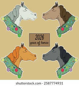 Vector set of 4 horse stickers. The muzzle of a horse. A jolly horse. Horse Stickers