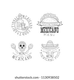 Vector set of 4 logos for restaurants of Mexican cuisine. Monochrome emblems with tequila bottle, tacos, skull and sombrero with maracas