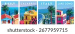 Vector Set of 4 mediterranean island cityscapes with italian small houses, blooming green trees, yachts, palms and blue sea in the background. Handmade drawing vector illustration.
