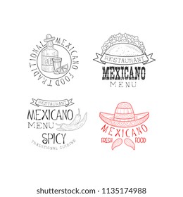 Vector set of 4 Mexican restaurant Logos. Hand drawn emblems with tequila bottle, tacos, chili peppers and sombrero hat with mustache
