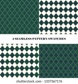 Vector set of 4 moroccan quatrefoil seamless repeat pattern swatches in golden and green colors. Textile/ fabric/ wallpaper design.