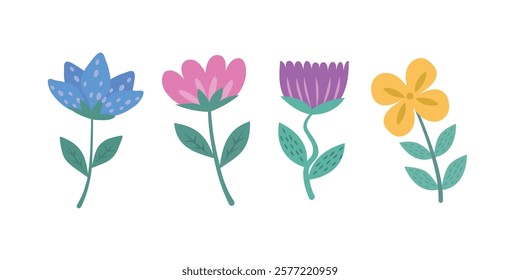 A vector set of 4 multicolored colors highlighted on a white background. A cute floral set of four floral silhouettes is perfect for design, decorating and creative projects, floristry, Easter.