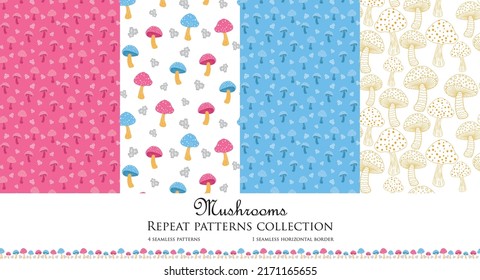 Vector set of 4 mushrooms seamless pattern background. 1 repeat horizontal border. Pink and blue kids patterns. Surface pattern design.
