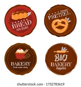 Vector Set of 4 Organic Product or food bread, pretzel, bakery and bakey supplies shop logo badge in eath tone on white background