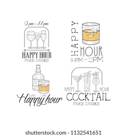 Vector set of 4 original sketch style logos for cocktail bar or restaurant. Hand drawn emblems with different alcoholic drinks
