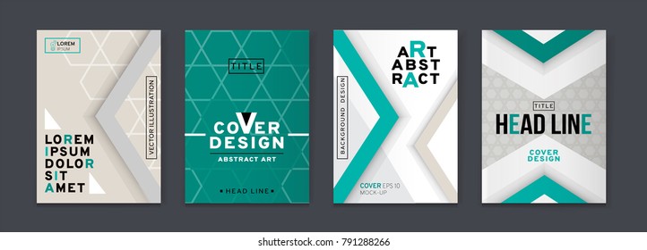 Vector set of 4 pages with teal sea-green tones, pentagon patterns . Creative business brochure cover template for banner, annual report, poster, leaflet, book, magazine, ad and etc.. Vector EPS 10